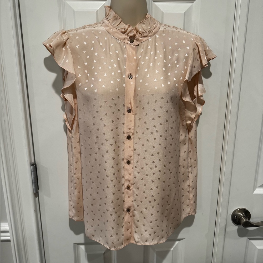 Rebecca Taylor 100% silk jacquard heart flutter sleeve button down top NWT